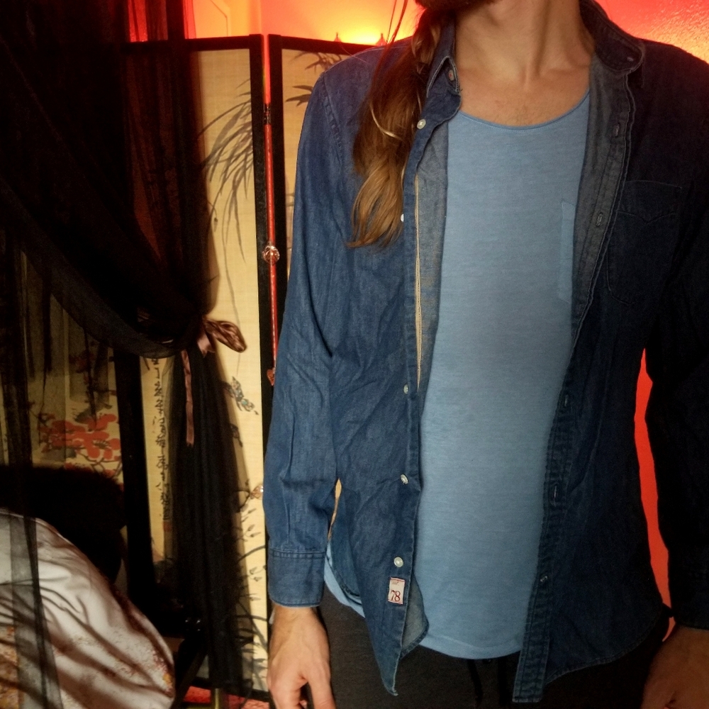 Dark blue, long sleeve denim button down